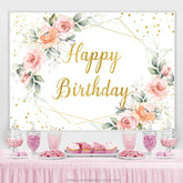 Rosa Blumen Und Funkeln Gold Glücklich Geburtstag Hintergrund